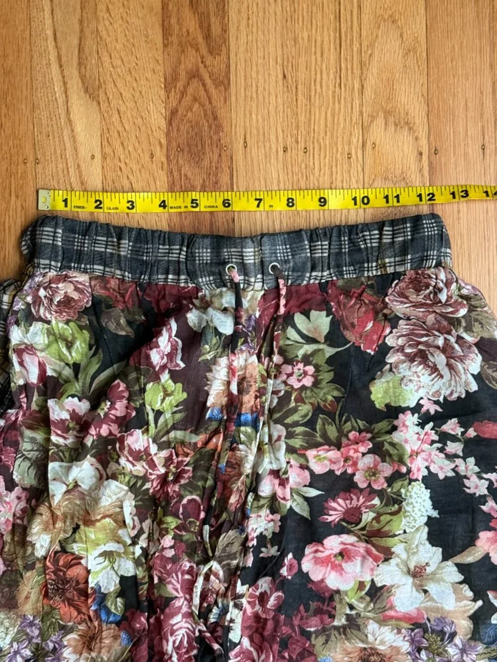 Mango Floral Linen-Style Translucent Tapered Trousers with Plaid Waistband Small